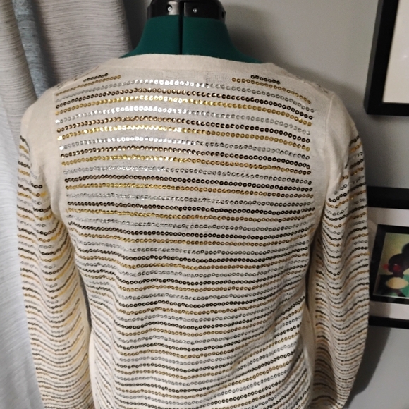 Mango Sequin Striped Knit Cardigan in Cream Gold Silver & Copper Sz L NWT - Picture 8 of 10